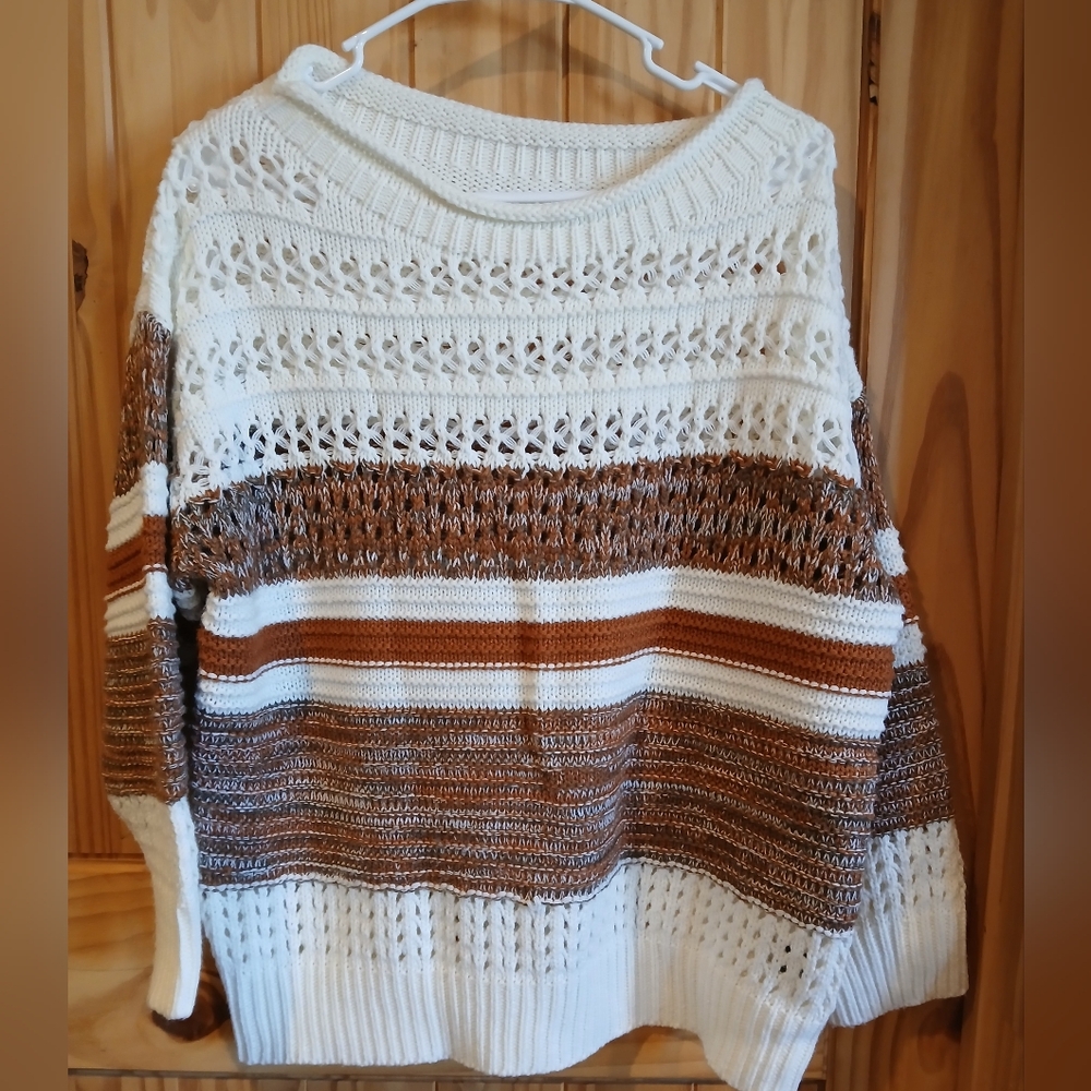 Shein Cozy Knit Striped Sweater - White and Brown Size Small
